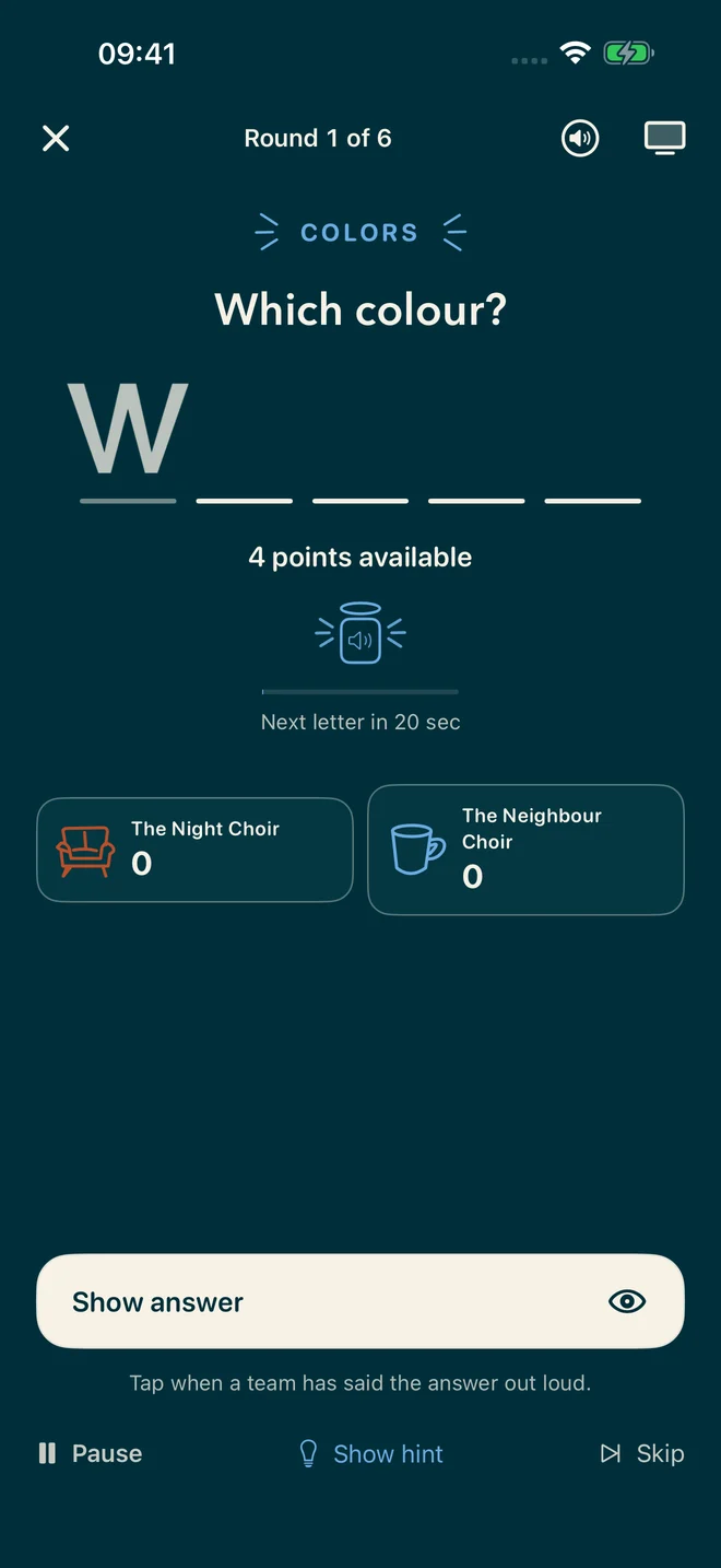 App screenshot asking Which colour, with the letter W